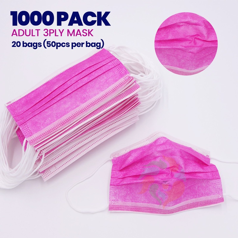 [1000 PACK] PINK 3ply Disposable Adult Mask Adult Unisex One Size