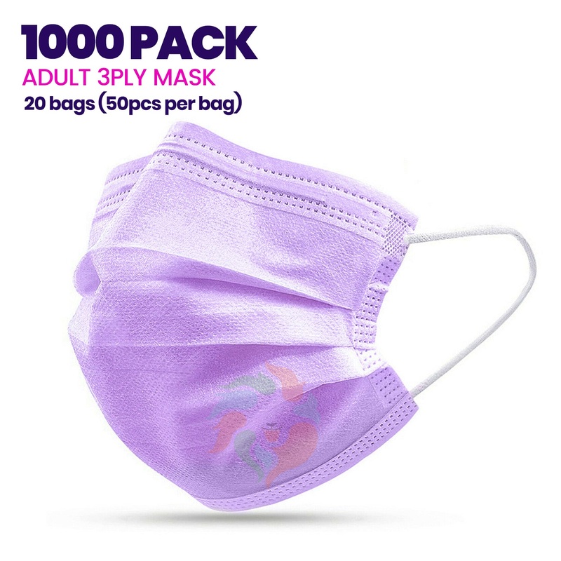 [1000 PACK] PURPLE 3ply Disposable AdultMask Adult Unisex One Size