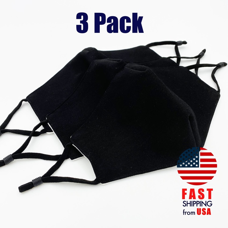 [3 PACK] Black Cotton Double Layer Mask Adult One Size
