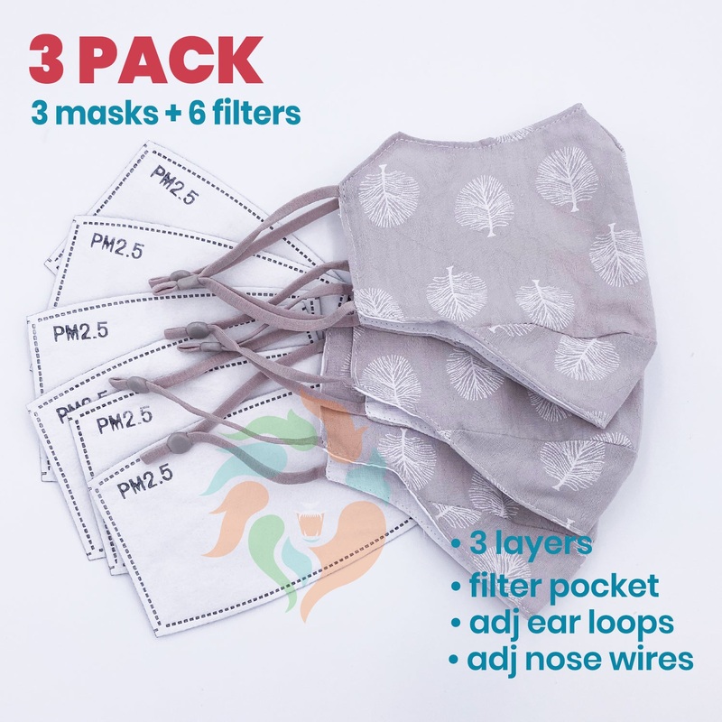 [3 PACK] Gray Tree Printed Linen Cotton 3 Layer Mask + Filters Adult  Standard (WxH: 9" x 6")