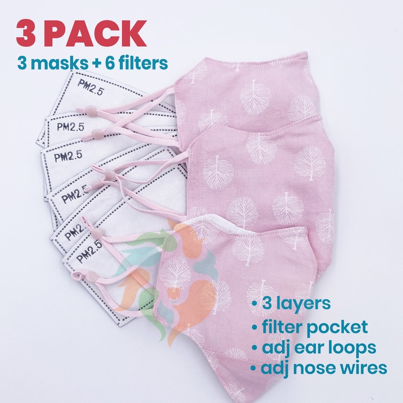 [3 PACK] Pink Tree Printed Linen Cotton 3 Layer Mask + Filters Adult  Standard (WxH: 9" x 6")