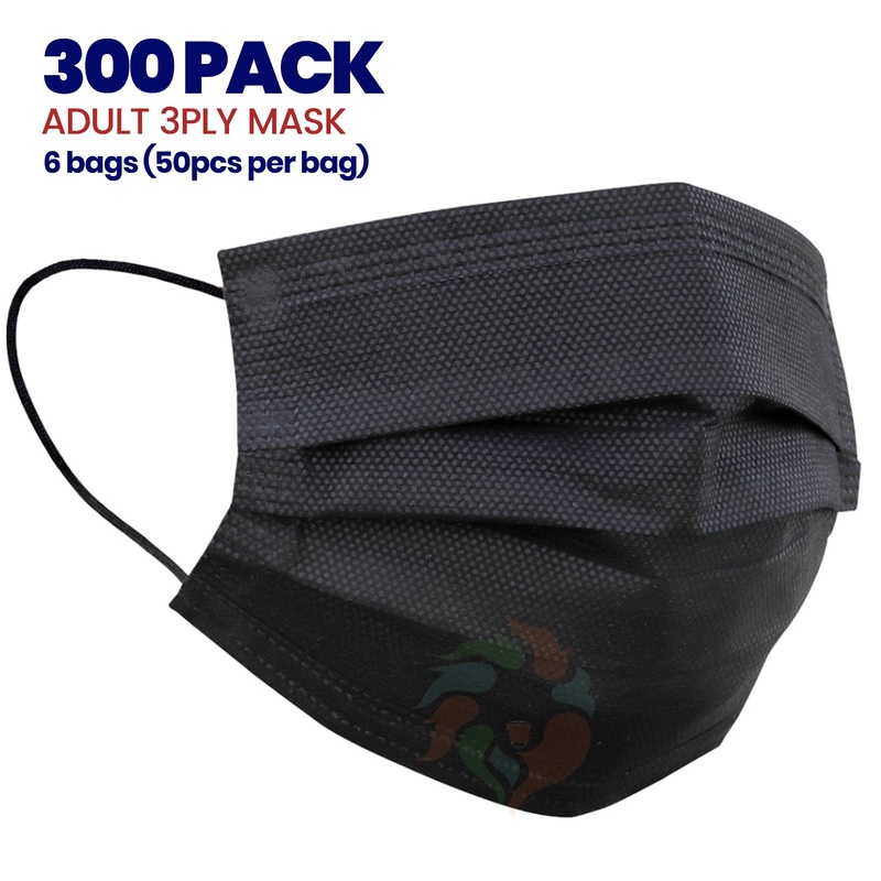[300 PACK] BLACK 3ply Disposable Adult Mask Adult Unisex One Size