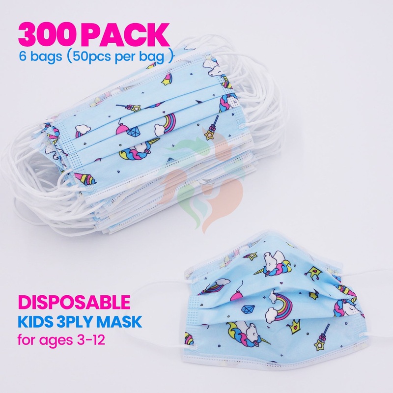 [300 PACK] Kids Disposable Mask 3 Ply Non-Medical-BLUE UNICORN Kids (3-12 years)
