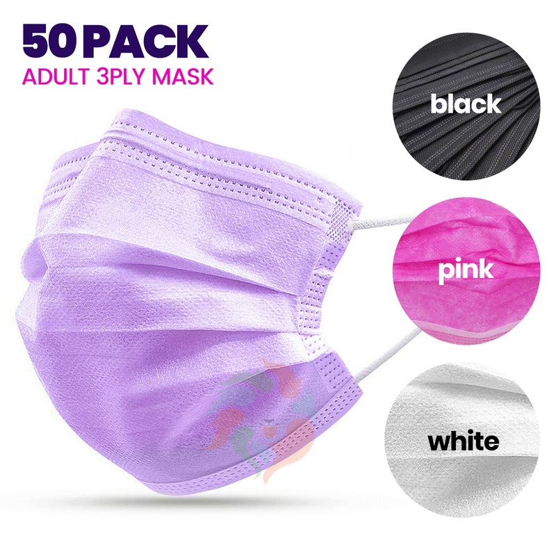 [50 PACK] 3ply Color Disposable Mask-Pink Purple Black White Black