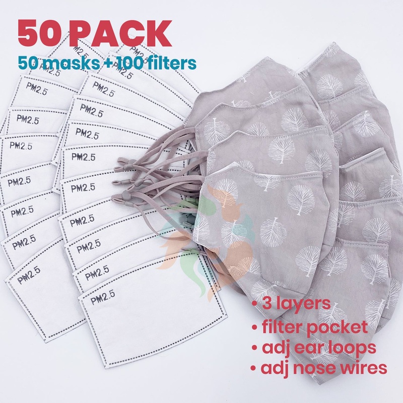 [50 PACK] Gray Tree Printed Linen Cotton 3 Layer Mask + Filters Adult  Standard (WxH: 9" x 6")