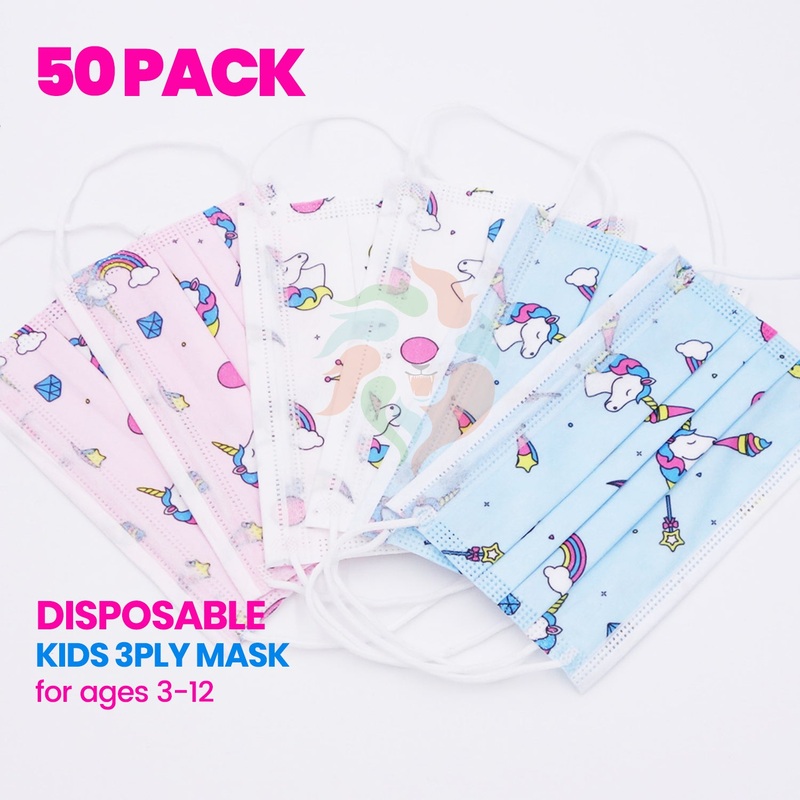 [50 PACK] Kids Disposable Mask 3 Ply Non-Medical-UNICORN Blue Unicorns