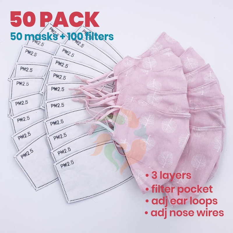 [50 PACK] Pink Tree Printed Linen Cotton 3 Layer Mask + Filters Adult  Standard (WxH: 9" x 6")