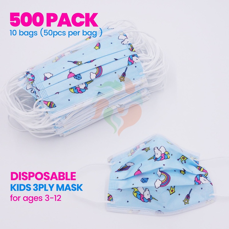 [500 PACK] Kids Disposable Mask 3 Ply Non-Medical-BLUE UNICORN Kids (3-12 years)