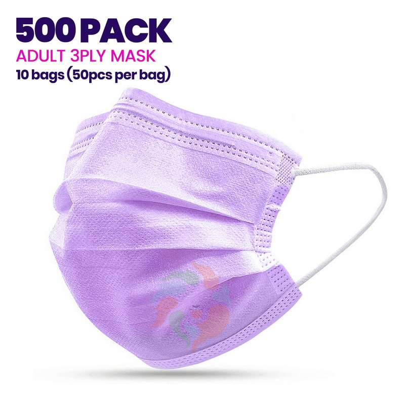 [500 PACK] PURPLE 3ply Disposable AdultMask Adult Unisex One Size