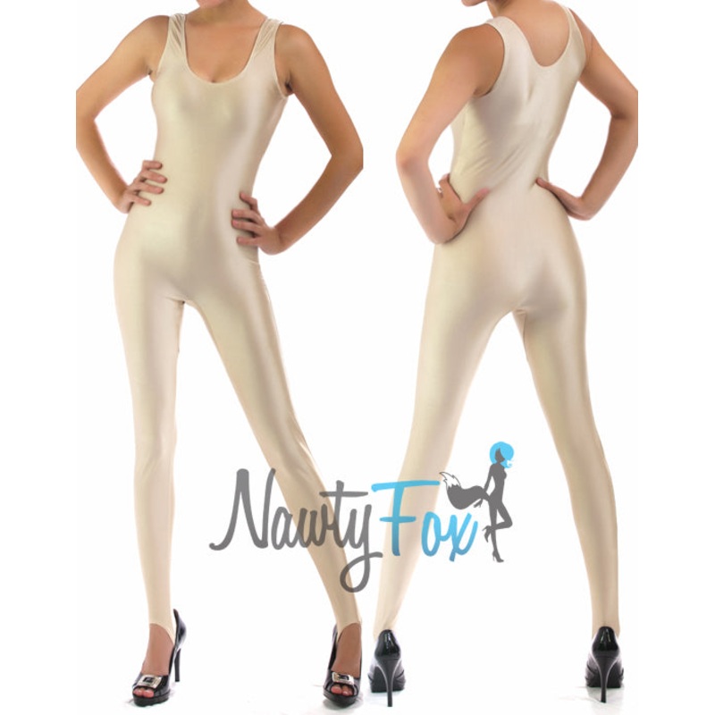 Nude Beige Scoop Neck Sleeveless Shiny Spandex Aerobic Yoga Active Wear Dance Unitard Bodysuit S