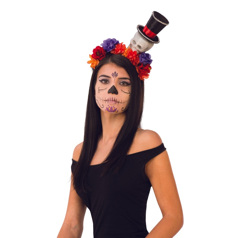 Day Of The Dead Headband With Skulls Flowers Adult One Size