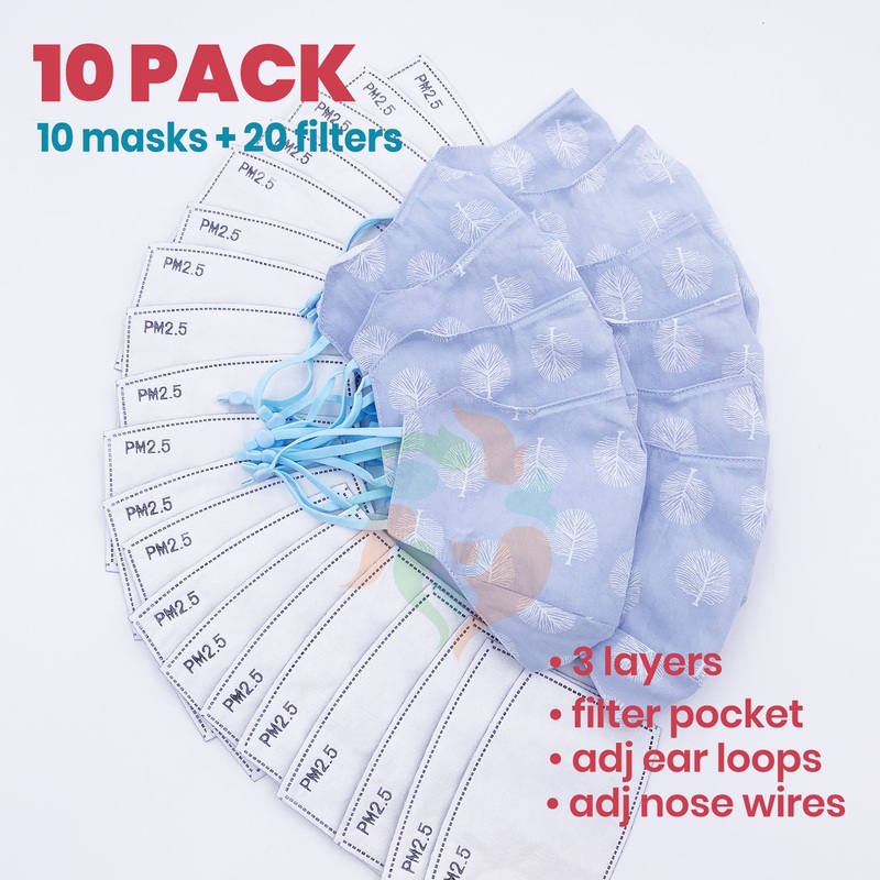 [10 PACK] Blue Tree Printed Linen Cotton 3 Layer Mask + Filters Adult  Standard (WxH: 9" x 6")
