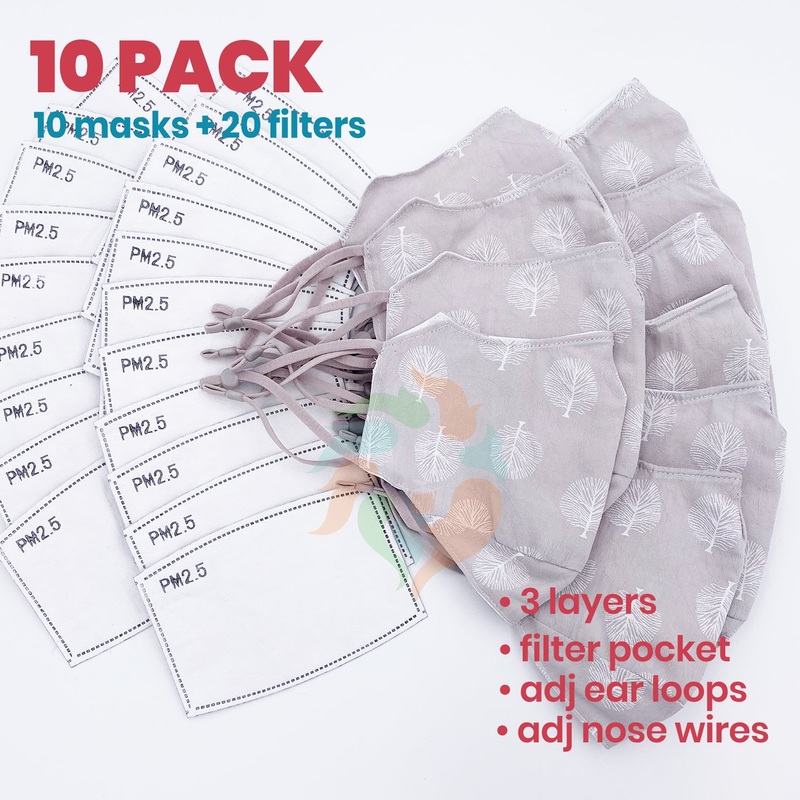[10 PACK] Gray Tree Printed Linen Cotton 3 Layer Mask + Filters Adult  Standard (WxH: 9" x 6")
