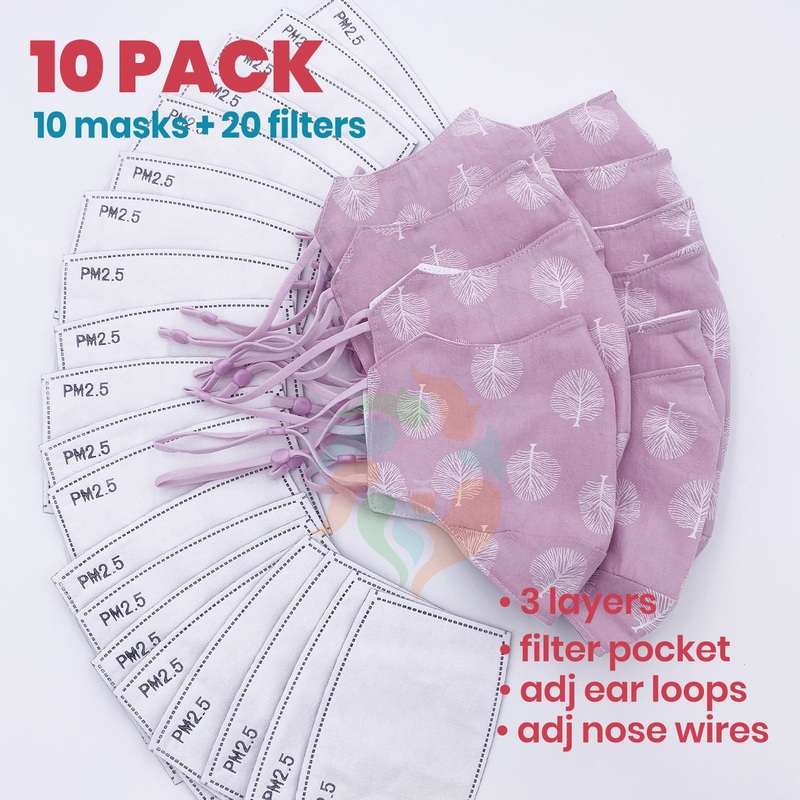 [10 PACK] Purple Tree Printed Linen Cotton 3 Layer Mask + Filters Adult  Standard (WxH: 9" x 6")