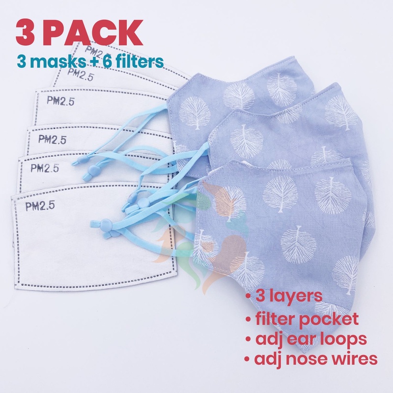 [3 PACK] Blue Tree Printed Linen Cotton 3 Layer Mask + Filters Adult  Standard (WxH: 9" x 6")