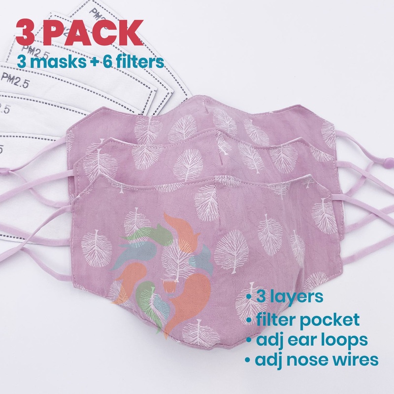 [3 PACK] Purple Tree Printed Linen Cotton 3 Layer Mask + Filters Adult  Standard (WxH: 9" x 6")