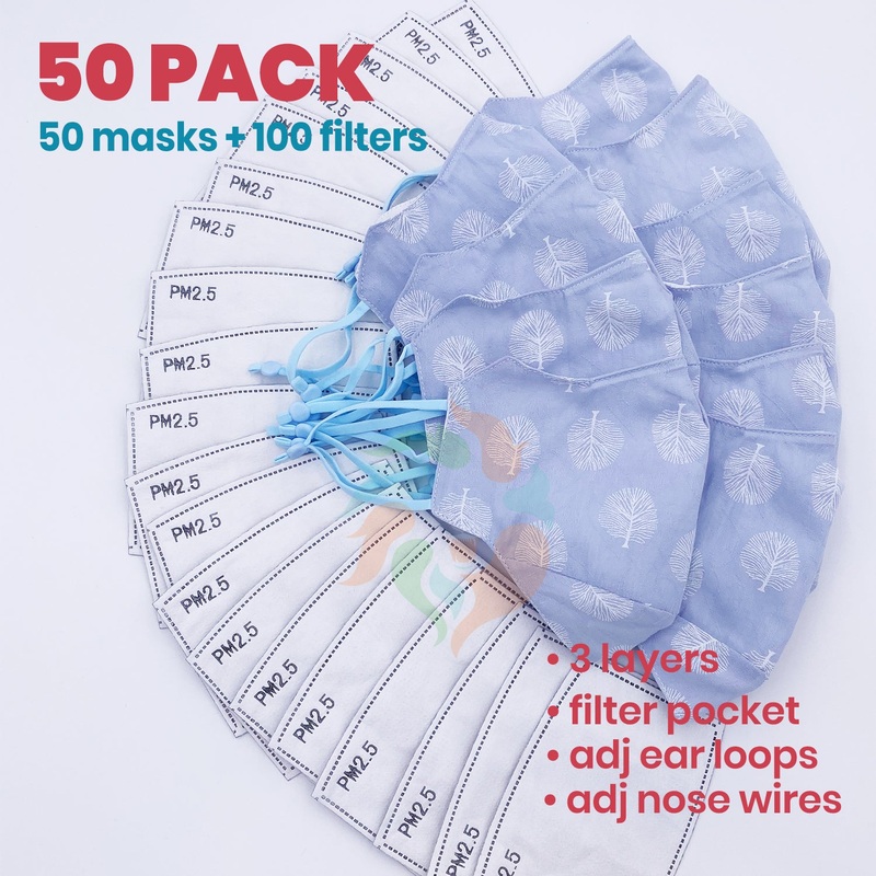[50 PACK] Blue Tree Printed Linen Cotton 3 Layer Mask + Filters Adult  Standard (WxH: 9" x 6")