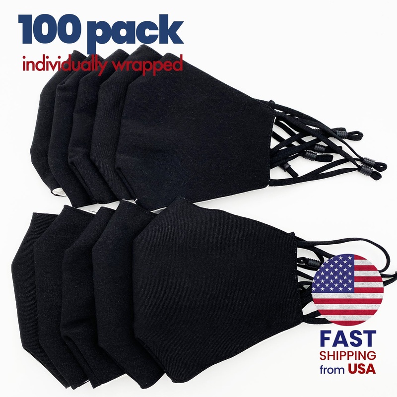 [100 PACK] Black Cotton Double Layer Mask Adult One Size