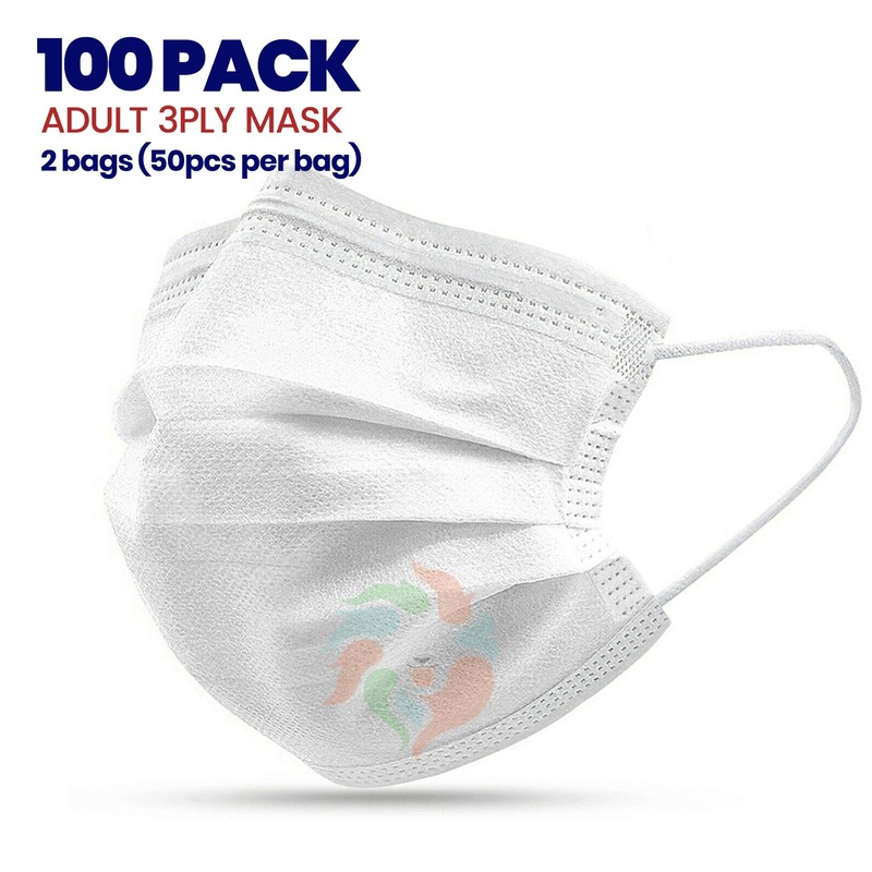 [100 PACK] WHITE 3ply Disposable Adult Mask Adult Unisex One Size
