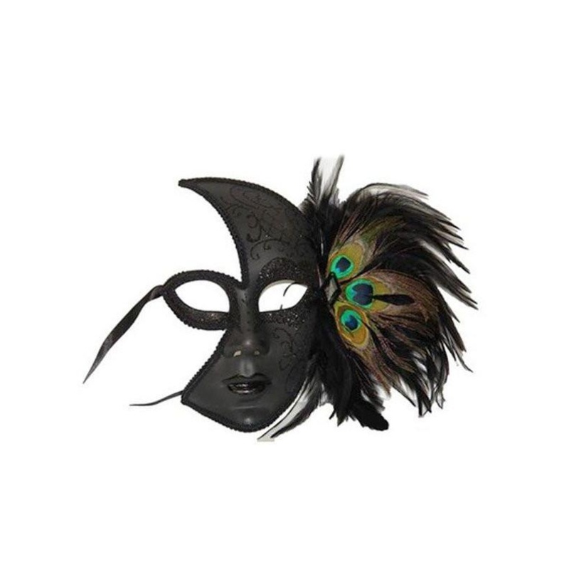 Peacock Feather Black Half Mask for Adults